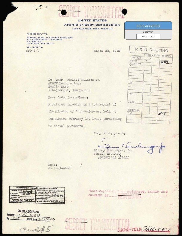 Lettre de transmission déclassifiée de la Commission à l'énergie atomique des États-Unis, datée du 22 mars 1949 — pièce DOE-UAP-D004, PURSUE Release 04