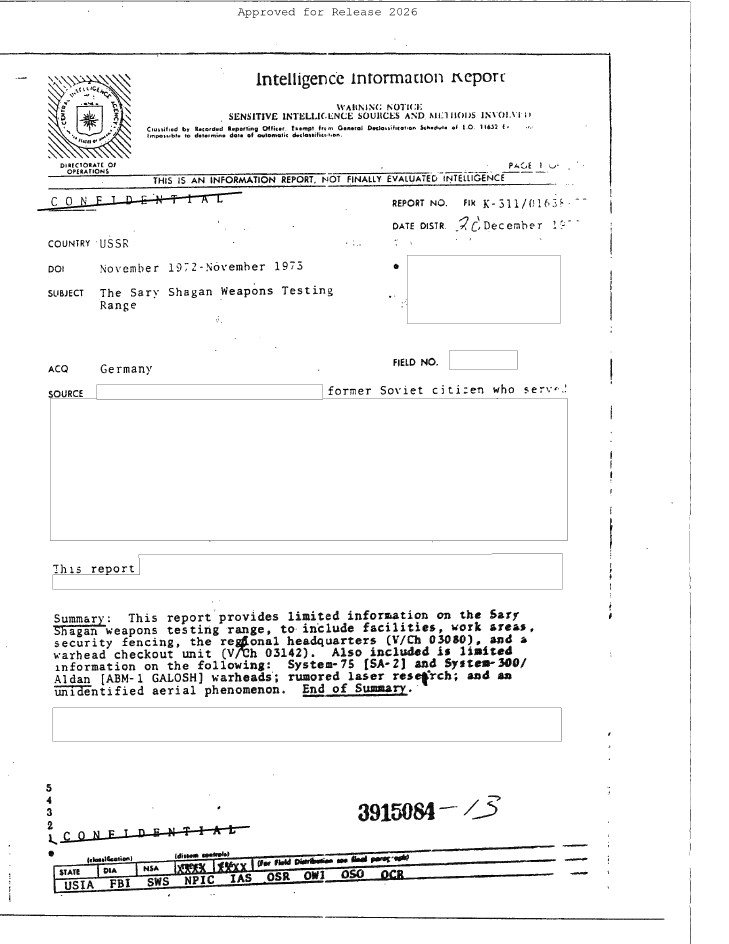 Rapport de renseignement CIA sur une observation d'UAP en URSS, 1973 — pièce CIA-UAP-D001