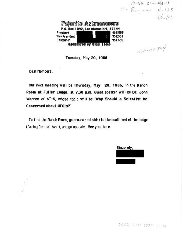 Lettre annonçant une conférence sur les OVNI au club d'astronomie Pajarito, 1986 — pièce DOE-UAP-D003