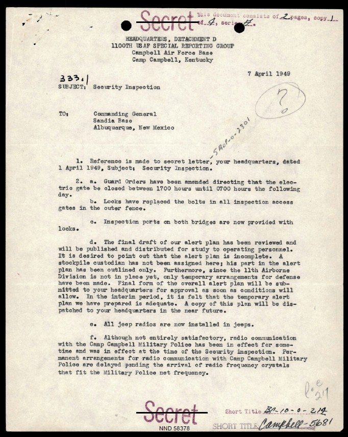 Documents déclassifiés — signalements UAP à la base de Sandia, Nouveau-Mexique, 1948-1950 — pièce DOW-UAP-D017