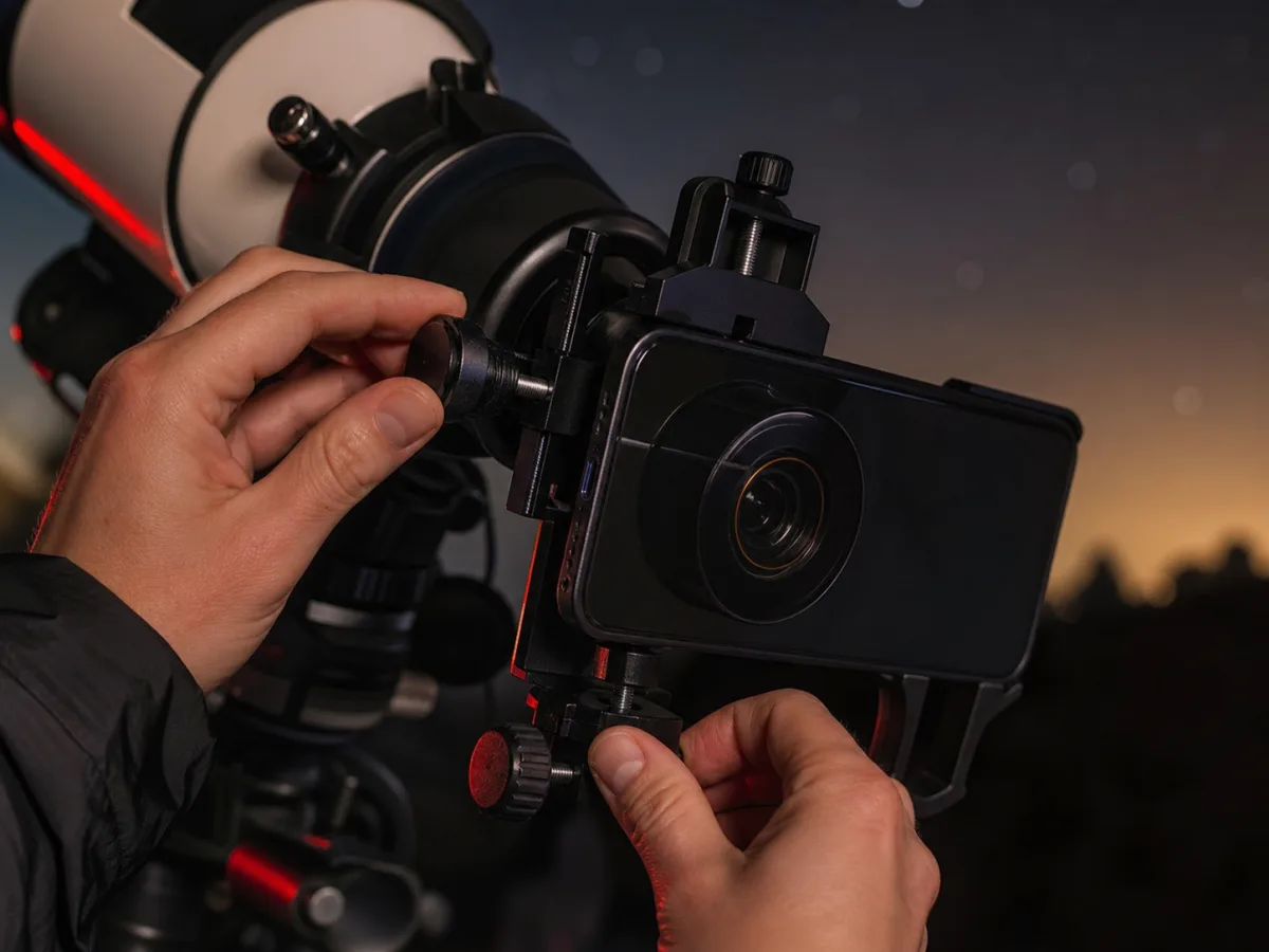 Adaptateur smartphone générique en cours d'alignement sur l'oculaire d'un télescope