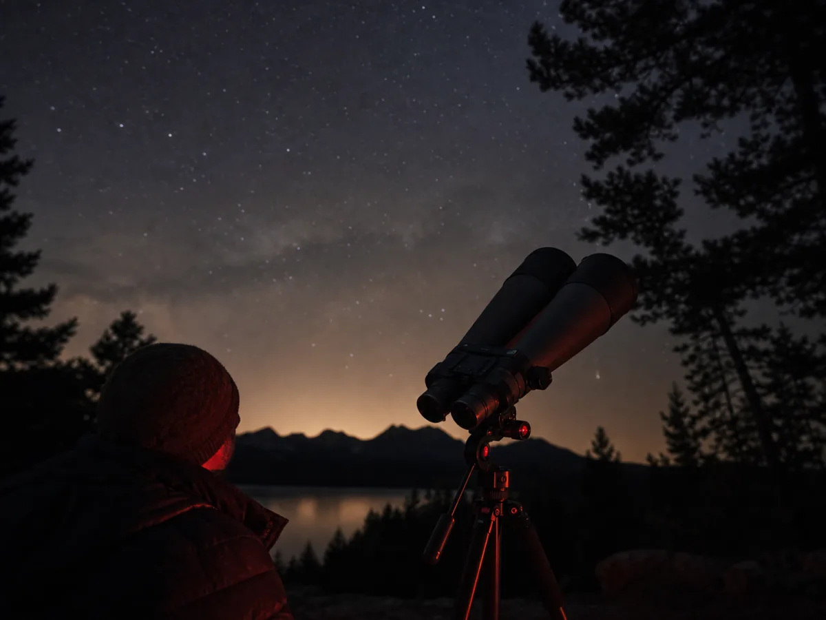 Grandes jumelles astronomiques génériques installées sur un trépied sous les étoiles