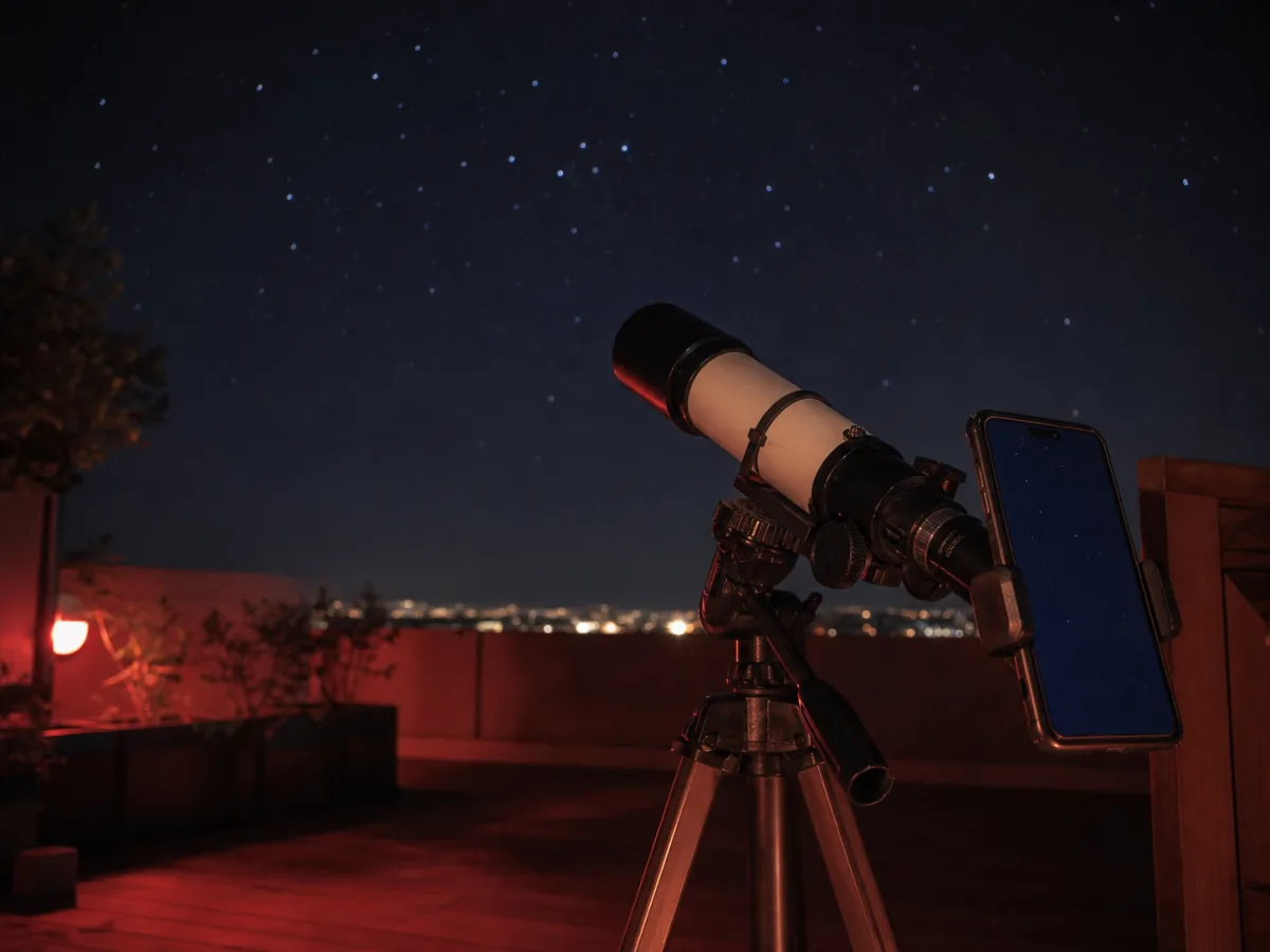 Télescope réfracteur débutant générique accompagné d'un smartphone de repérage
