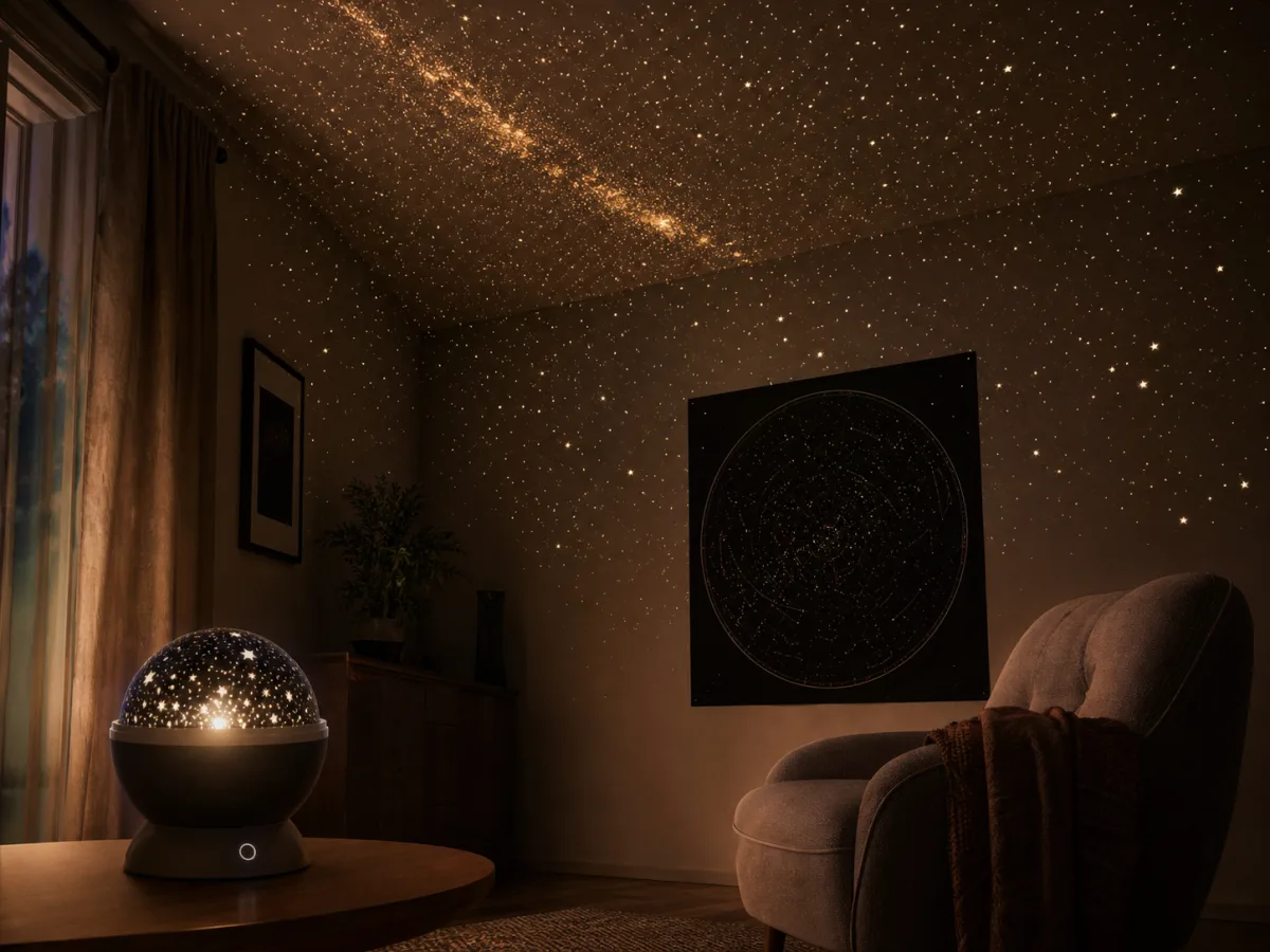 Projecteur d'étoiles domestique générique créant une ambiance céleste dans un salon