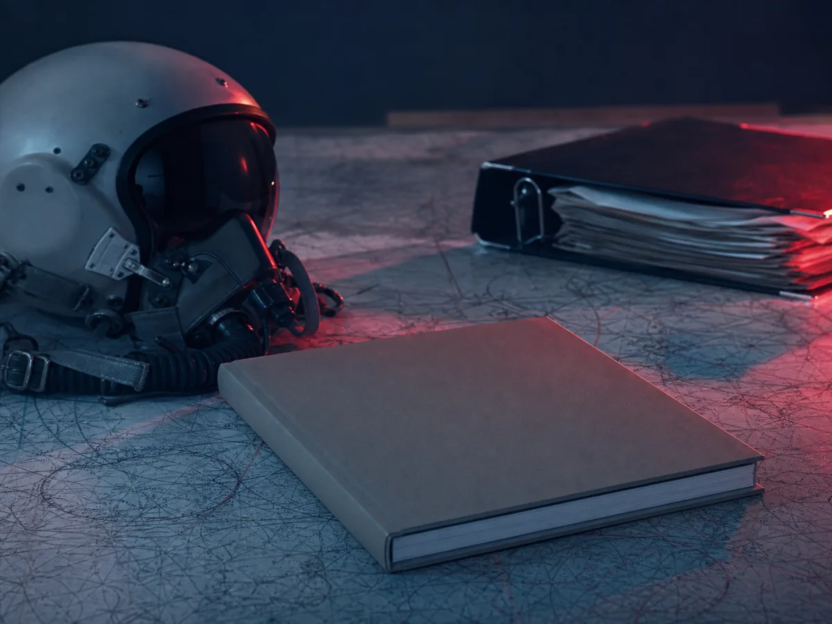 Ouvrage documentaire générique près d'un casque de pilote et d'archives aéronautiques