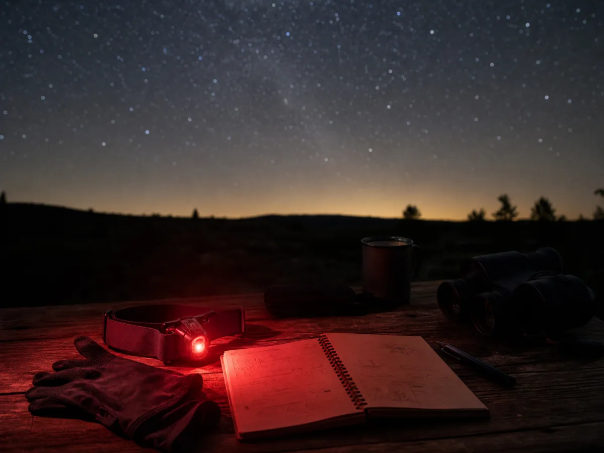 Lampe frontale générique en mode rouge faible près d'un carnet d'observation