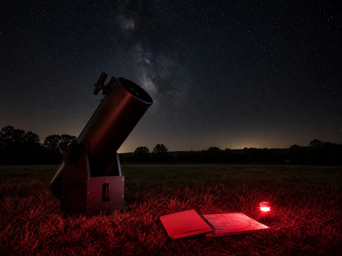 Télescope Dobson générique installé dans un champ avec carnet d'observation