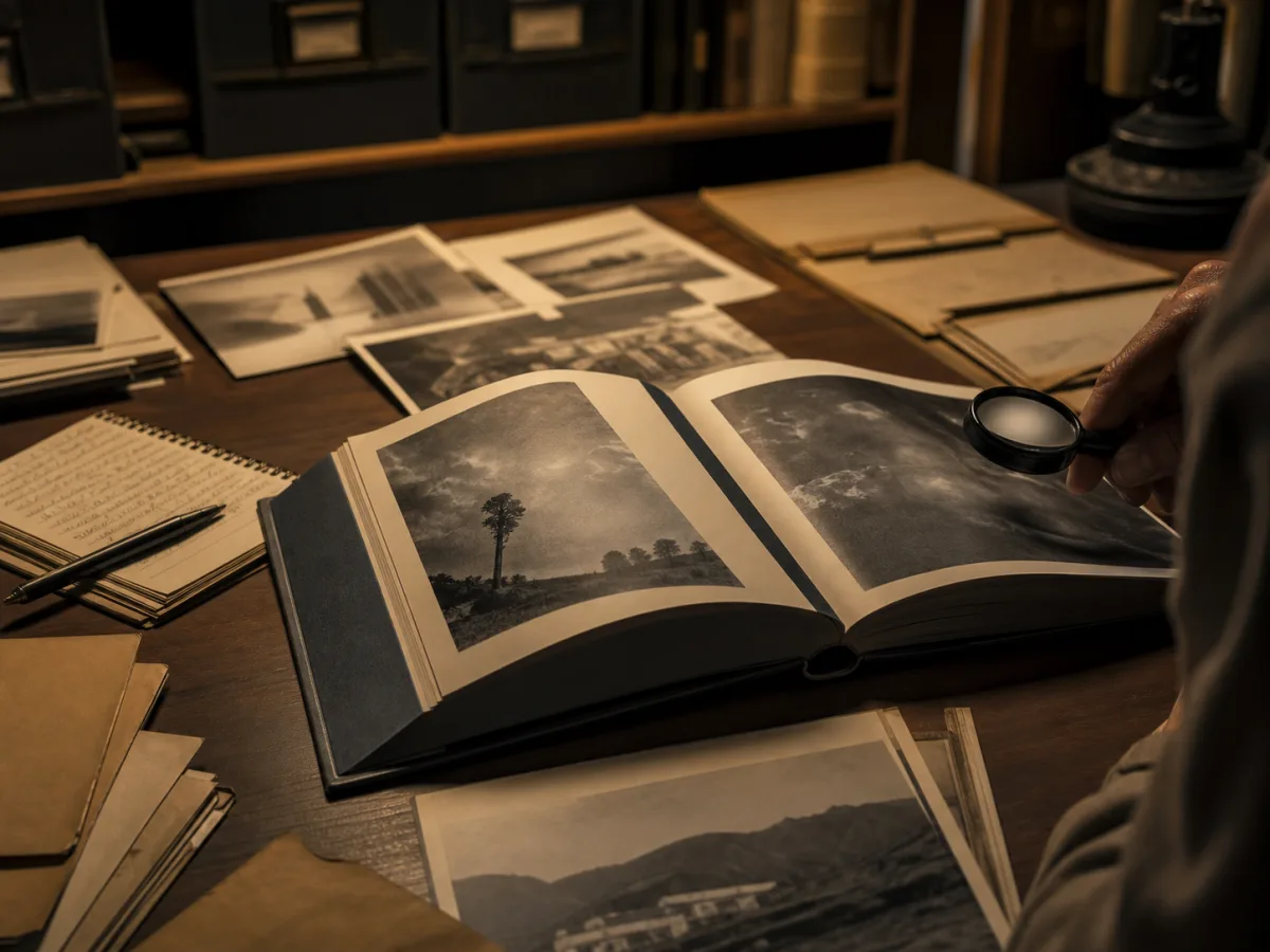 Livre documentaire générique ouvert sur une table d'archives institutionnelles