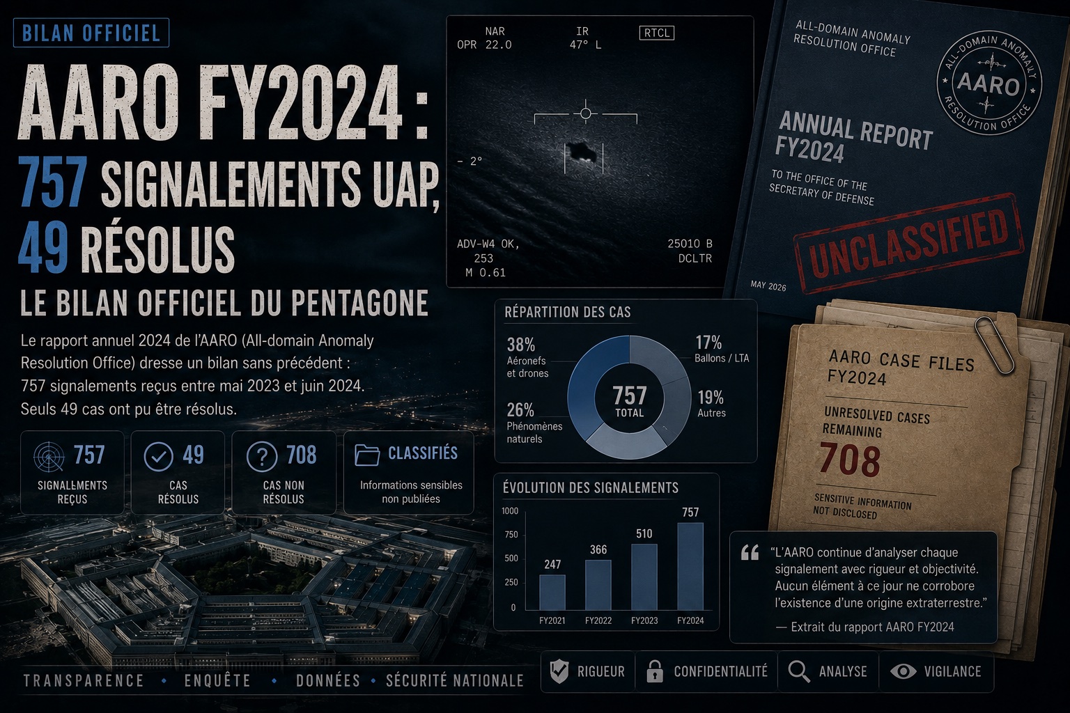 AARO FY2024 : 757 signalements UAP, 49 résolus — le bilan officiel du Pentagone
