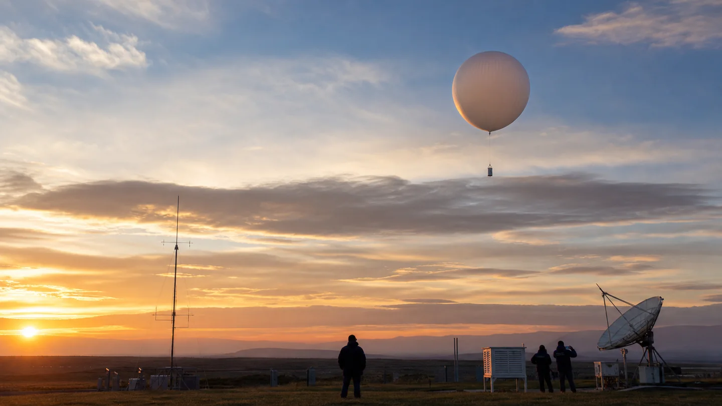 Ballon-sonde et nacelle montant depuis une station météorologique, illustration éditoriale