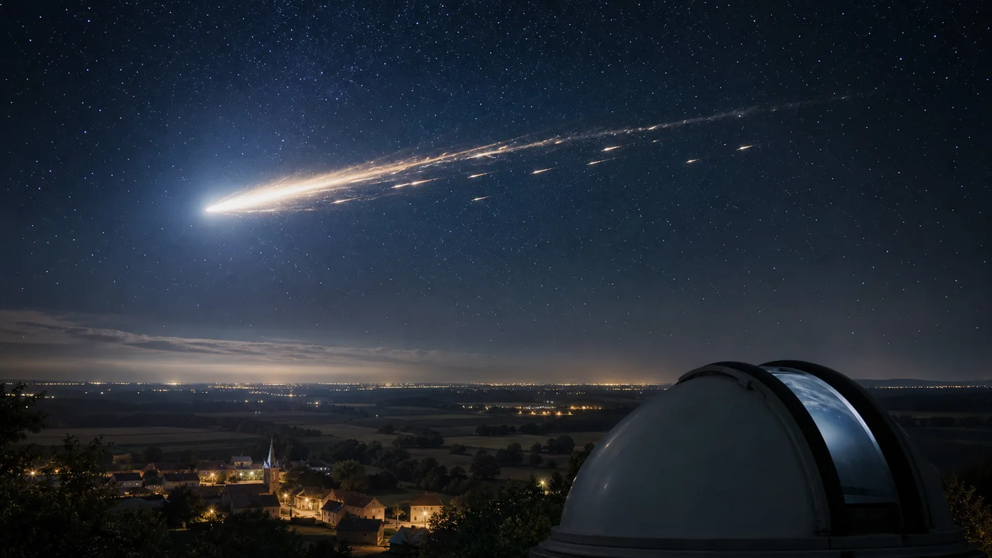 Bolide lumineux se fragmentant au-dessus d'un observatoire, illustration éditoriale