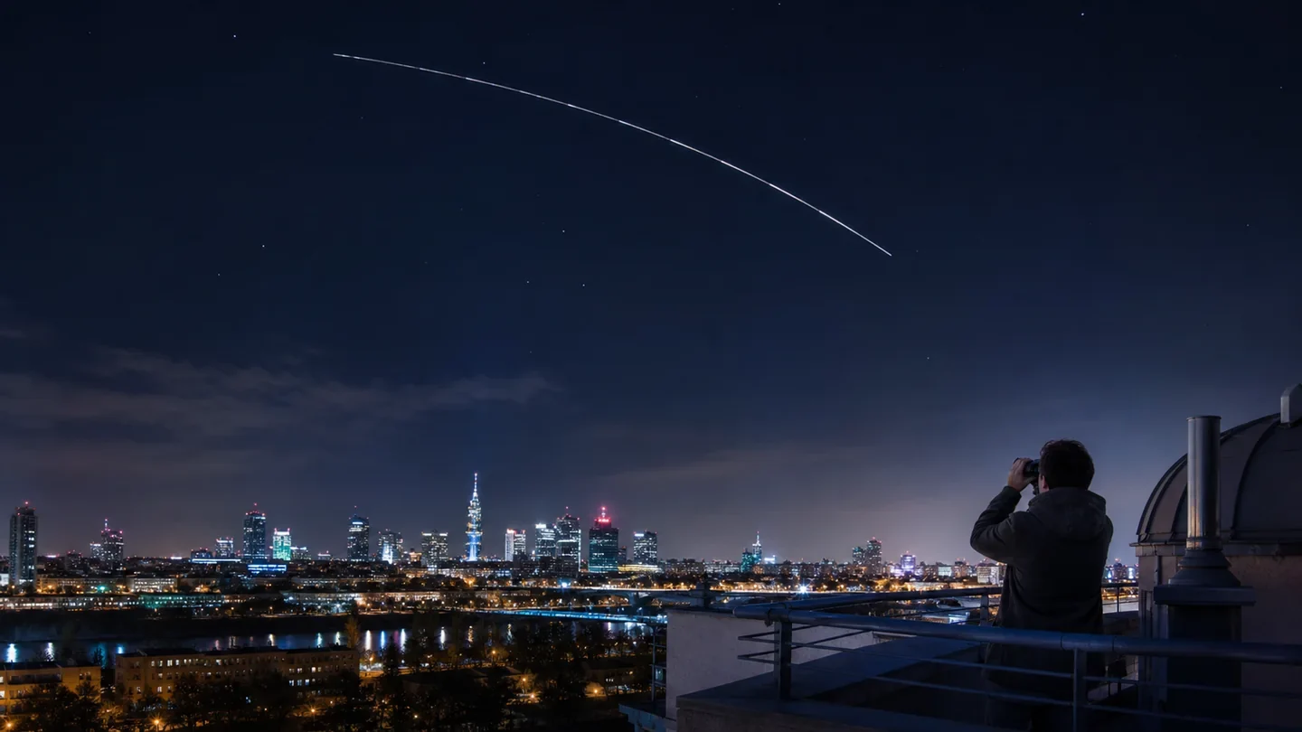 Passage lumineux de la Station spatiale internationale au-dessus d'une ville, illustration éditoriale