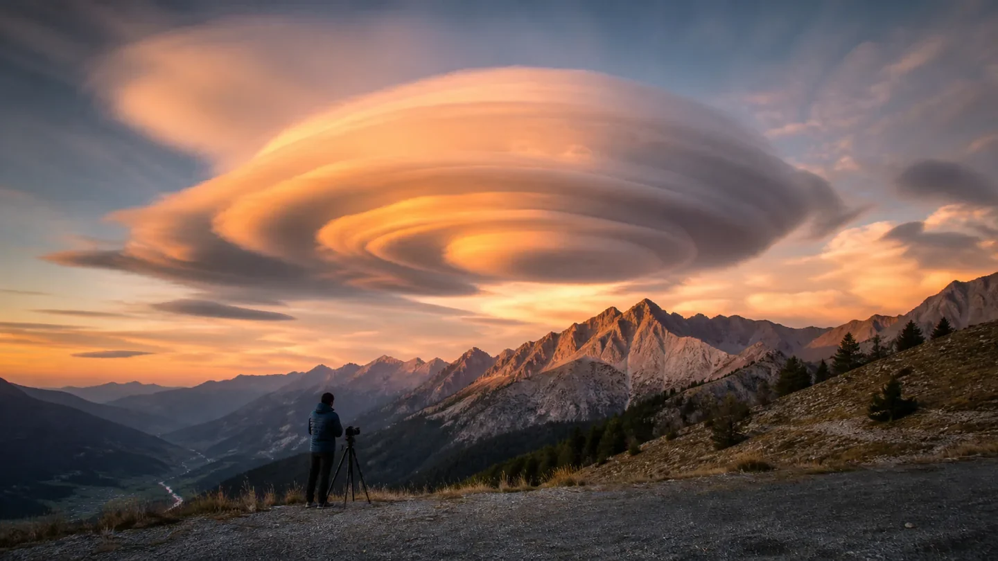 Grand nuage lenticulaire en couches au-dessus d'un massif montagneux, illustration éditoriale