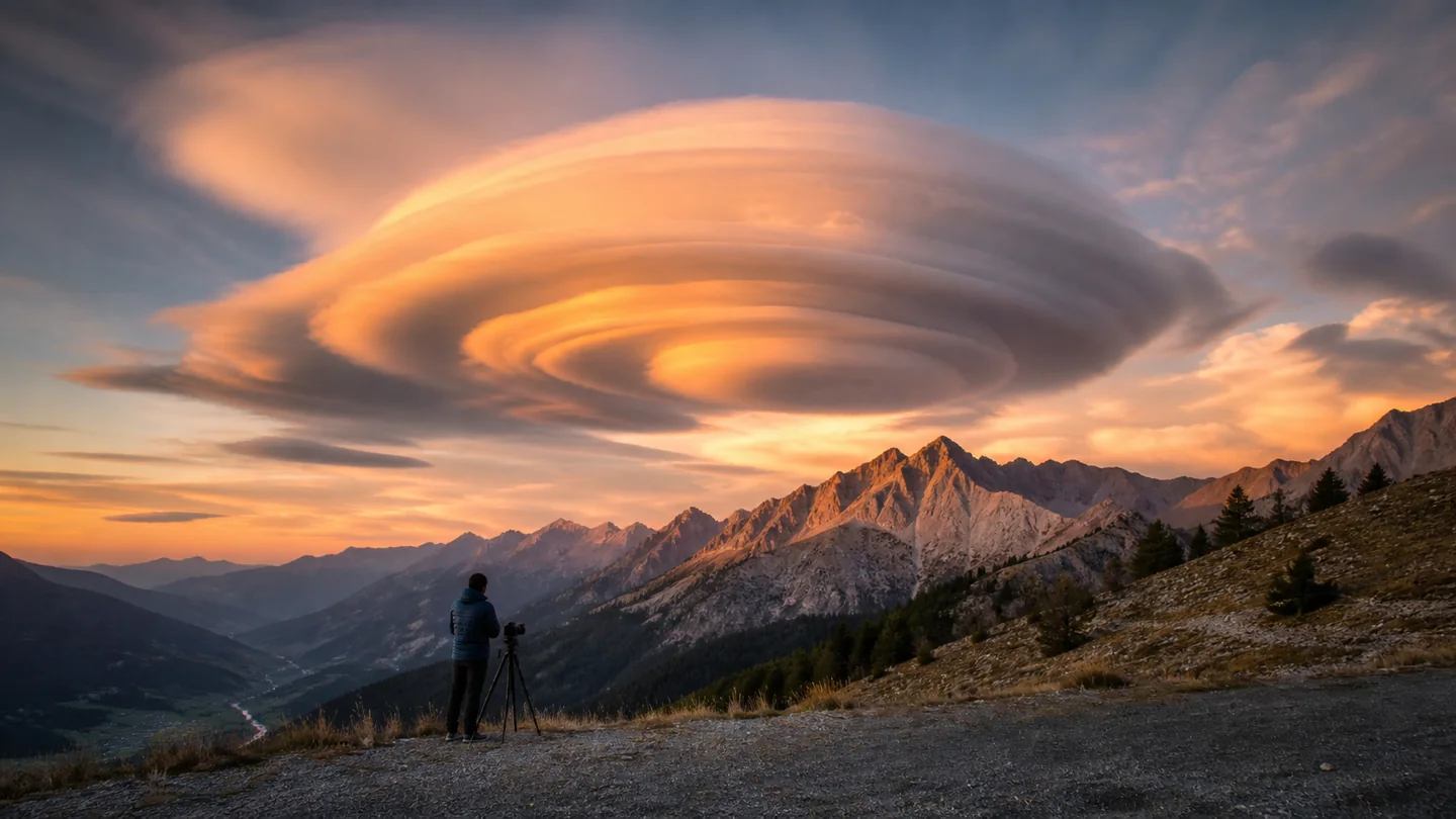 Grand nuage lenticulaire en couches au-dessus d'un massif montagneux, illustration éditoriale