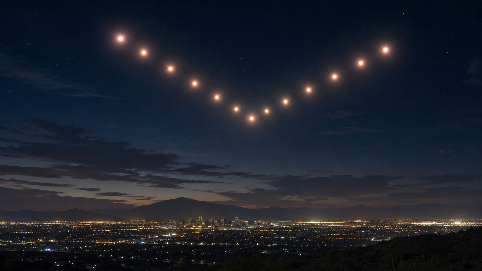 Ciel nocturne au-dessus de Phoenix Arizona avec formation lumineuse en V — VIDEO OVNI