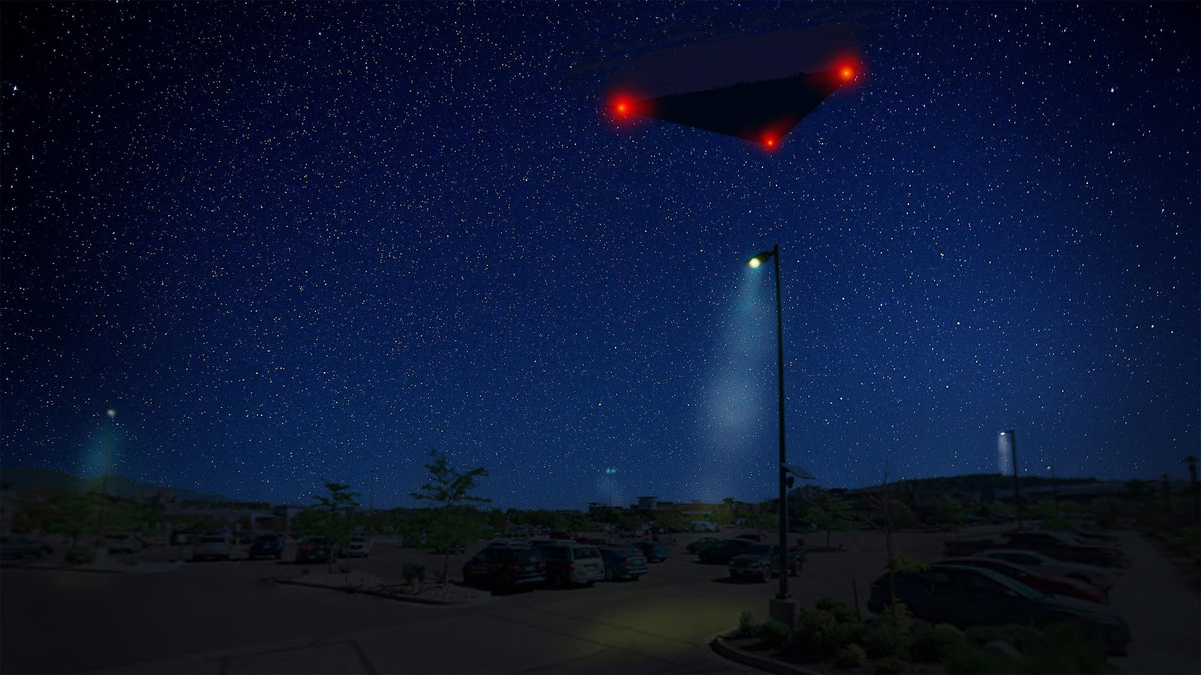 Digital Rendering, “Large Triangle with Red Lights,” 2023 — Ces trois fichiers .img sont des rendus numériques officiels du FBI fondés sur des récits. Ils ne sont pas des photographies des phénomènes.