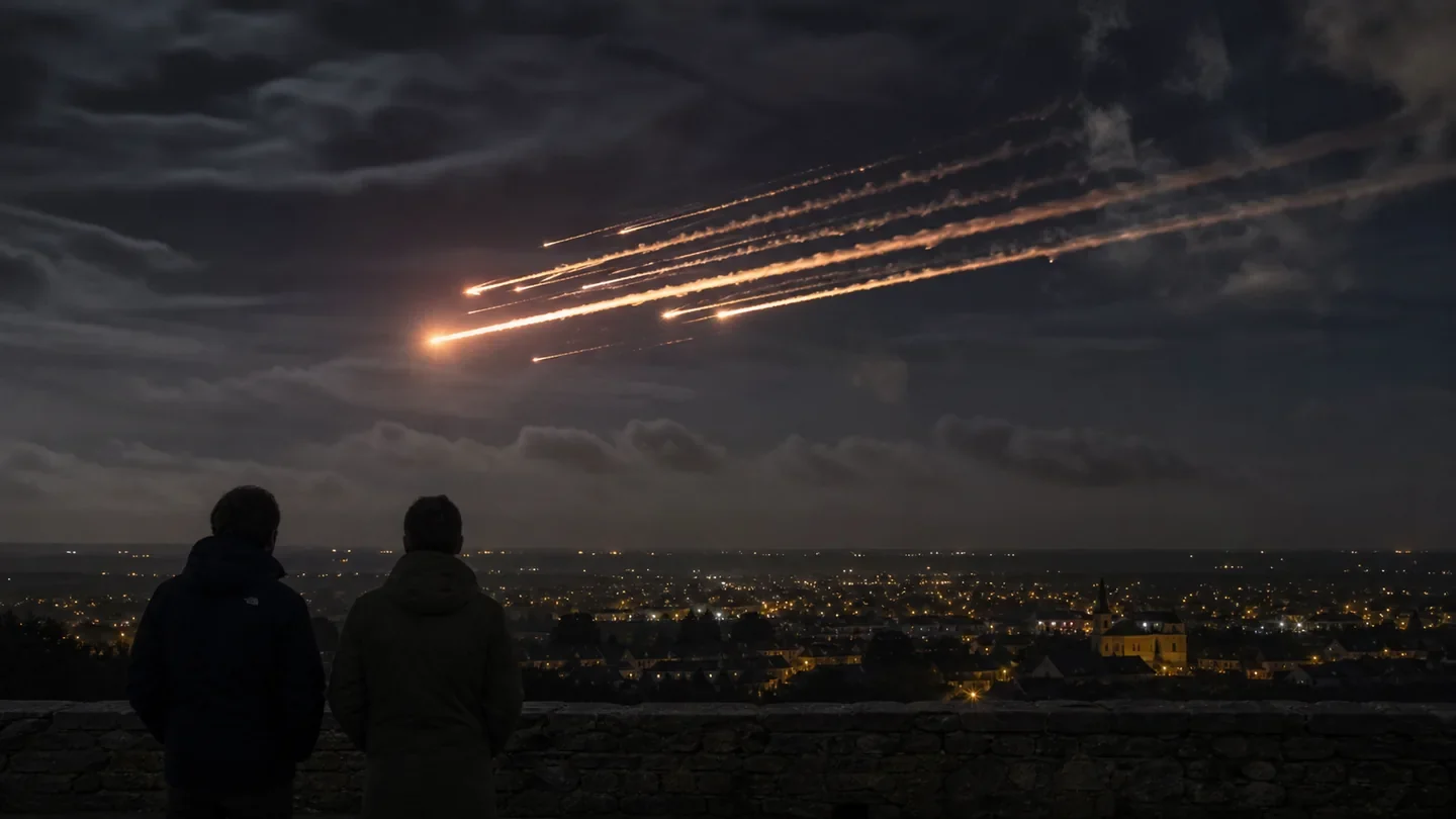 Fragments incandescents d'une rentrée atmosphérique au-dessus d'une ville, illustration éditoriale