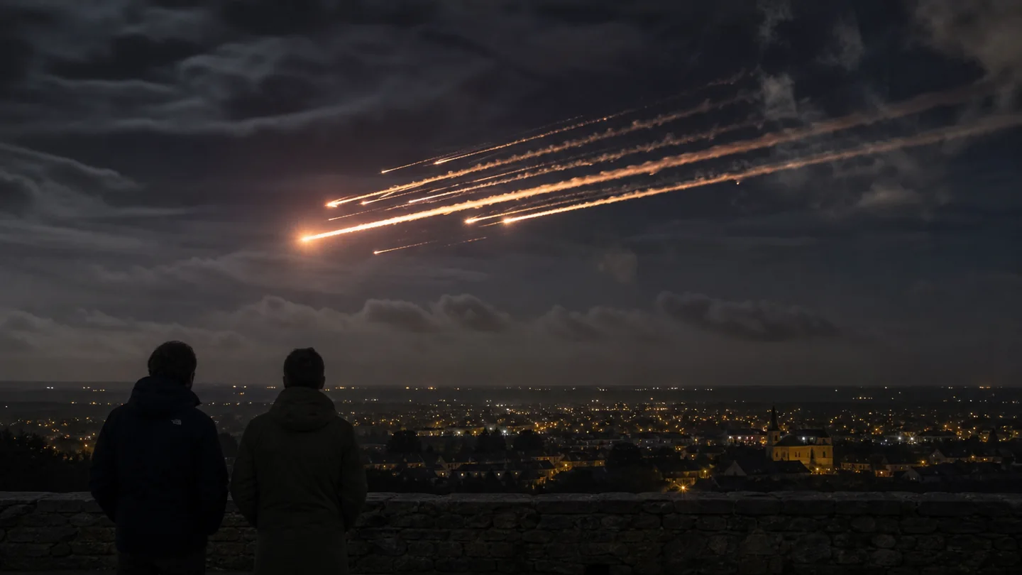 Fragments incandescents d'une rentrée atmosphérique au-dessus d'une ville, illustration éditoriale