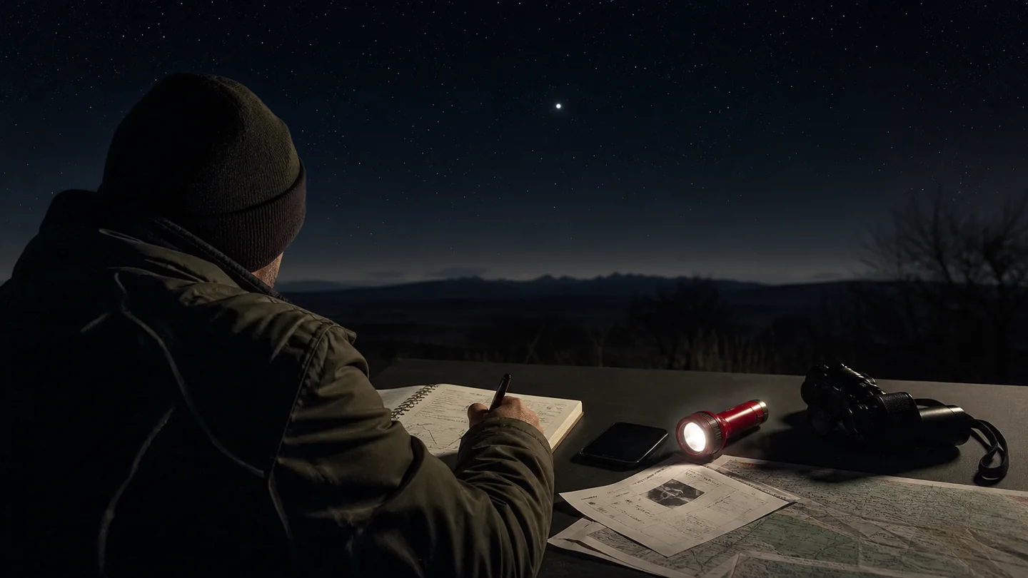 Observateur notant heure et direction d'une lumière nocturne avec appareil photo et lampe rouge, illustration éditoriale
