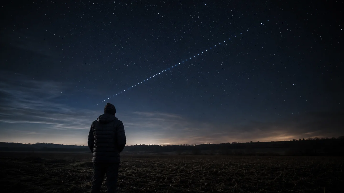 Observateur regardant une ligne régulière de satellites Starlink dans un ciel nocturne, illustration éditoriale