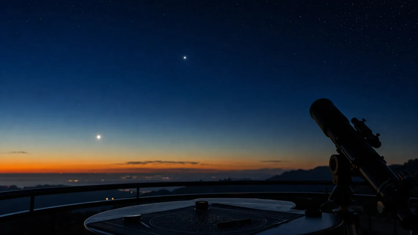Vénus et Jupiter visibles au-dessus d'un observatoire au crépuscule, illustration éditoriale